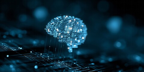 Illuminated digital representation of the human brain hovers above complex electronic circuitry in a dark environment.