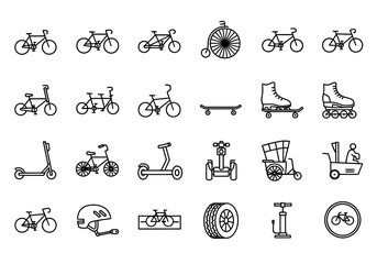 Urban transport and personal mobility vehicle icon collection. A laujrnoi of eco-friendly travel options from bicycles to electric scooters in a linear vector set