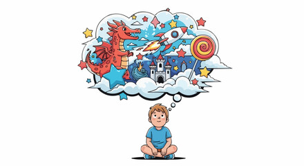 Boy Imagining Dragon, Rocket, and Castle in Thought Bubble.