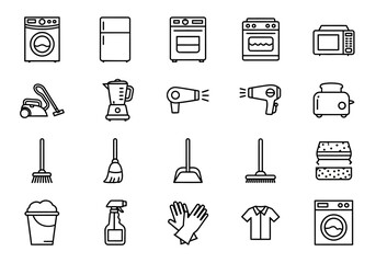 A versatile line art icon collection depicting household chores, laundry tasks, and essential home appliances for a clean and organized domestic life