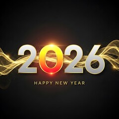 Luxurious Happy New Year 2026 Greeting Card Design Featuring Silver and Gold Metallic Numbers with Glowing Central Zero on a Dark Black Background Illuminated by Elegant Golden Wavy Lines an