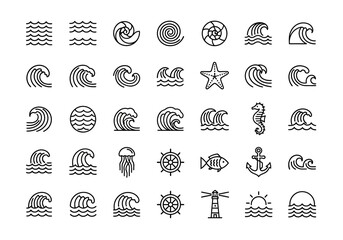 Ocean life and nautical symbols vector icon set. Simple linear illustrations of waves, sea creatures, and maritime objects for creative design projects