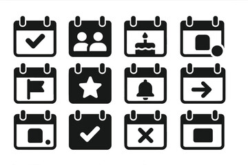 Scheduled Event Icons. Solid style icons of scheduled events: marked date, meeting icon, birthday cake on calendar, appointment