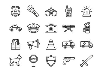 Linear icon set of police, law enforcement, and emergency services. Vector collection with symbols for security, safety equipment, and medical response