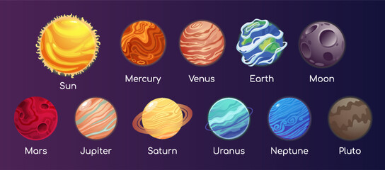 Solar System planets set. Moon, Sun and comet icons isolated on starry sky background. Vector outer space gas giants Jupiter and Saturn, ice Uranus Neptune, Pluto. Rocky Mercury, Venus and Earth, Mars