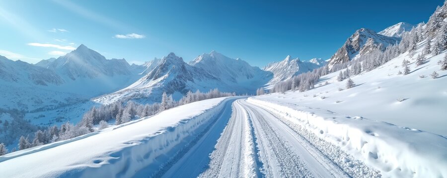 Snow covered mountain road leads through peaks under clear blue sky. Winter landscape with frosty trees and tire tracks on snowy pathway signals adventure.