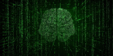 Digital consciousness merges with flowing streams of code within a dark environment