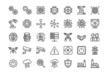 A comprehensive set of thin line icons representing Industry 4.0 concepts, including automation, artificial intelligence, and smart factory technology