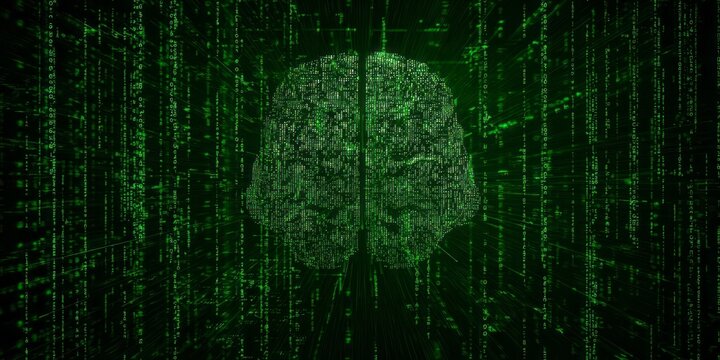 Digital consciousness merges with flowing streams of code within a dark environment