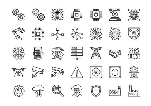 A comprehensive set of thin line icons representing Industry 4.0 concepts, including automation, artificial intelligence, and smart factory technology