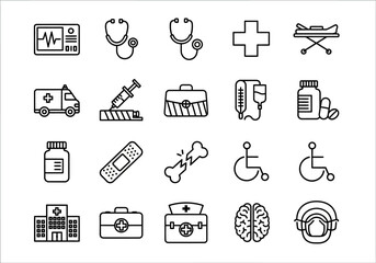 A comprehensive collection of medical and healthcare line art icons, including hospital, emergency, and diagnostic symbols in a vector set