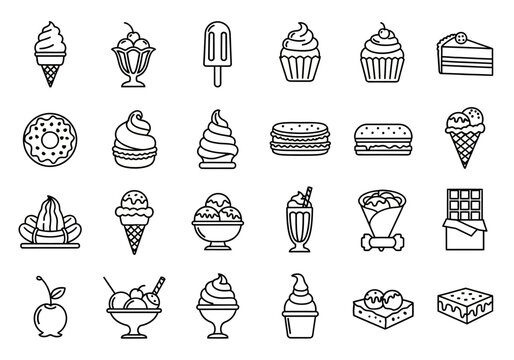 Sweet food and dessert collection of linear icons. This vector set includes ice cream, cake, and pastry symbols for graphic design projects