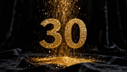 Displaying large glittered numerals 3 and 0 over black velvet, falling gold glitter forming mound