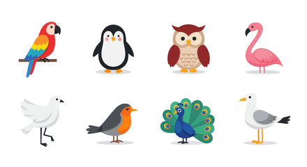 Collection of colorful cartoon birds parrot penguin owl flamingo dove