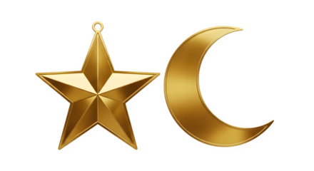 Shiny golden three dimensional star and crescent moon symbol isolated on transparent background, representing islam, religion, faith, and celestial objects in a clean, bright presentation