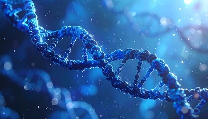 Abstract blue DNA strand spirals amidst a bokeh-filled dark backdrop, suggesting science, genetics, and complex biological systems