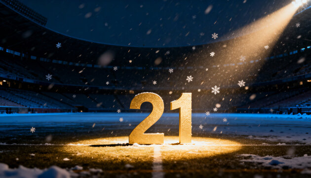 Glowing gold numeral 21 standing on field center at stadium, spotlight illuminating falling snow