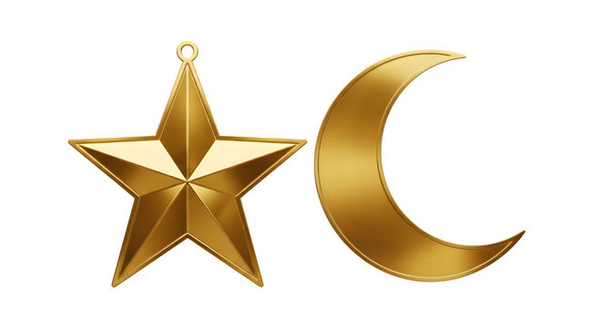 Shiny golden three dimensional star and crescent moon symbol isolated on transparent background, representing islam, religion, faith, and celestial objects in a clean, bright presentation