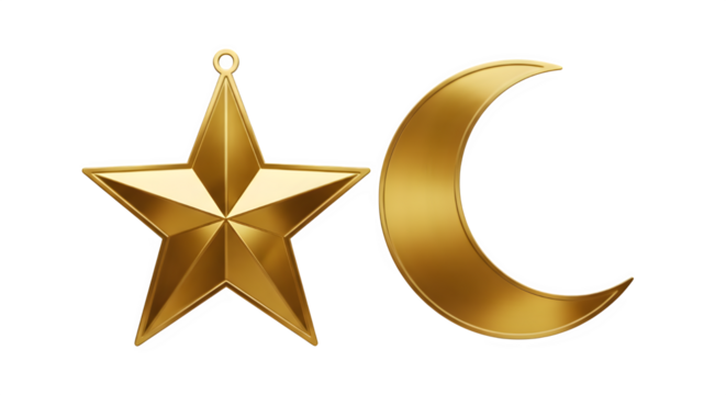 Shiny golden three dimensional star and crescent moon symbol isolated on transparent background, representing islam, religion, faith, and celestial objects in a clean, bright presentation