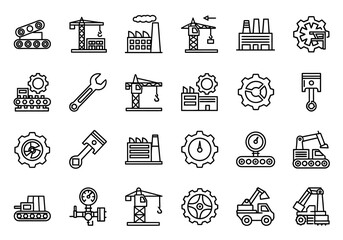 Industrial engineering and construction machinery vector icon set. Outline symbols for manufacturing, factory, and heavy transport