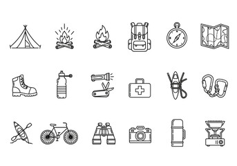 Naklejka premium Vector line icon collection for outdoor recreation and survival gear, laujrnoi (123) design elements for camping and hiking