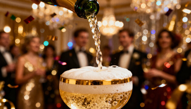 Pouring champagne bottle filling gold-rimmed coupe glass at ballroom, tuxedos and gowns, confetti