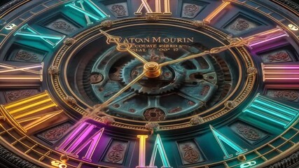 Intricate clock face with neon like accents and roman numerals - Powered by Adobe