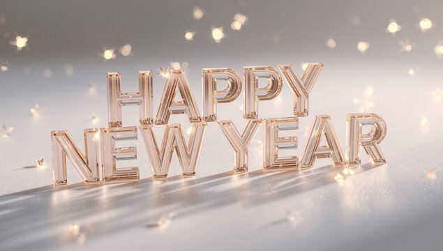 Happy new year text in glossy gold with glittering bokeh on a light background representing celebration