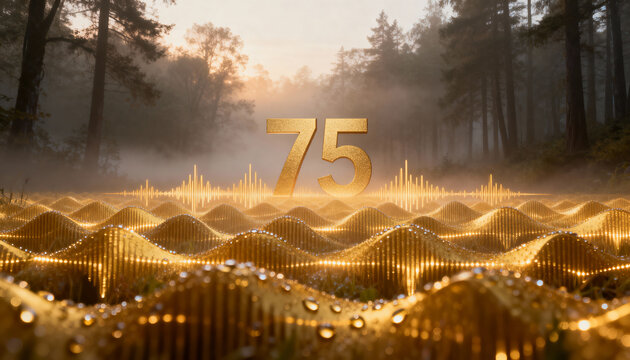 Glowing gold numeral 75 hovering above waveform in forest clearing amid dewy mist and lit bars