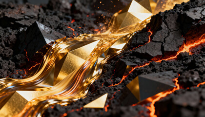 Flowing molten gold stream cutting across cracked volcanic rock, showing faceted gold pyramids