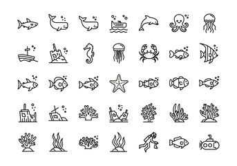 A diverse collection of marine life and underwater world icons