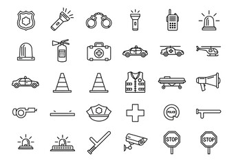 Essential collection of modern line icons depicting law enforcement, public safety equipment, and emergency services symbols