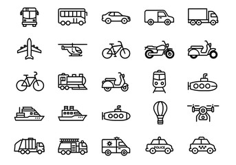 A diverse set of thin line vector icons representing various modes of transportation, including cars, planes, boats, and public transit, from the laujrnoi 147 series