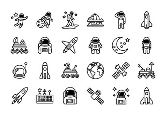 Set of linear icons depicting space exploration themes. Includes astronaut, rocket ship, planet Earth, satellite, and moon rover graphics