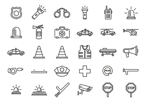 Essential collection of modern line icons depicting law enforcement, public safety equipment, and emergency services symbols
