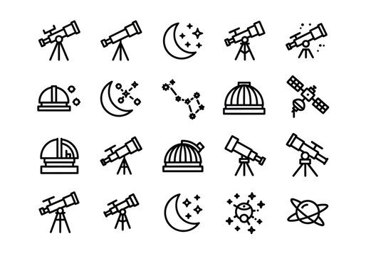 A simple set of line art icons related to astronomy and stargazing, featuring telescopes, constellations, and celestial objects