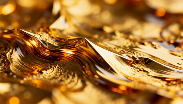 Shining glossy golden surface forming rippled peaks and scattering metallic flecks in studio macro