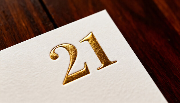 Displaying white cardstock featuring gold embossed 21 on wood table, catching soft light - Powered by Adobe