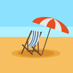 Flat Illustration of Beach Chair and Striped Umbrella