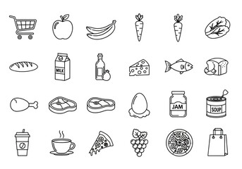 Grocery shopping and food icon set in a simple black and white outline style. Vector collection of market products and meals