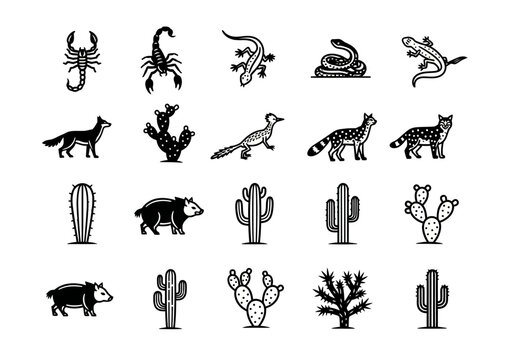 Vector icon pack of Sonoran Desert fauna and flora featuring glyphs of coyote, scorpion, saguaro cactus, and javelina