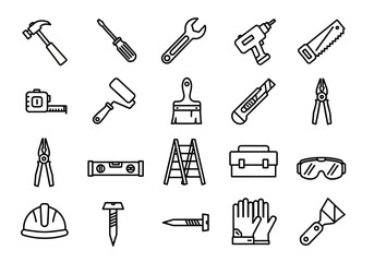 A collection of essential construction and home repair tool icons in a clean outline style, representing hardware, DIY tasks, and building equipment