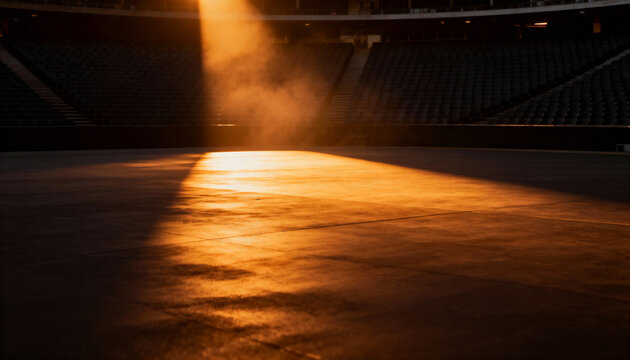 Casting warm golden spotlight over polished arena floor, revealing haze, seams, and empty seats - Powered by Adobe