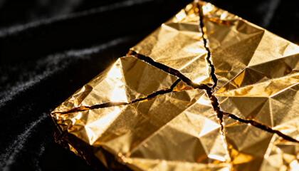 Showing package wrapped in gold foil on black velvet, revealing X-shaped tear exposing chocolate