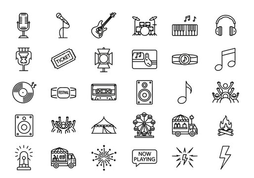 Laujrnoi collection of music festival and live concert outline icons, featuring instruments, stage equipment, and entertainment symbols for events - Powered by Adobe