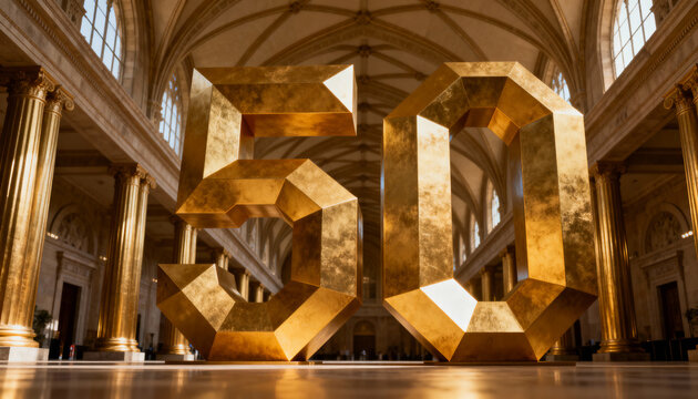 Shining faceted gold '50' sculpture reflecting warm light on floor in grand hall, with columns