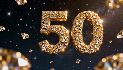 Glittering gold numeral 50 sparkling against deep navy backdrop, with floating diamonds and flares