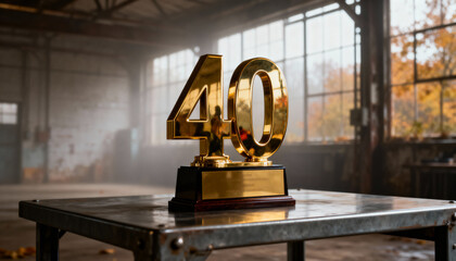 Glinting gold 40 trophy resting on metal worktable in industrial warehouse, with scattered leaves