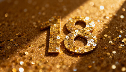 Shimmering gold '18' numeral catching warm light on glittered backing, with scattered sequins