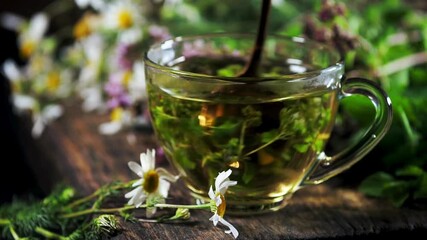 Close-Up Front View of Making Natural Green Tea – Brewing Fresh Herbal Tea, Healthy Beverage Preparation, and Detailed Liquid Texture on Gray Background in 4K Ultra HD Footage